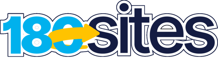 180sites logo featuring the number 180 in blue with a white outline, a yellow arrow pointing right, and the word "sites" in dark blue with a white outline. The arrow goes through the zero in 180.