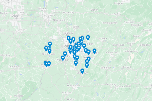 Map of the Pittsburgh, PA area with location markers, showing various cities and towns in the surrounding region.