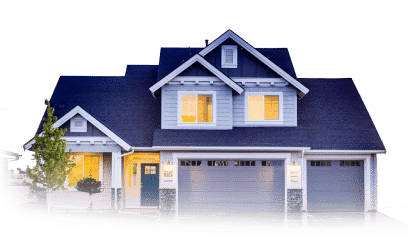 Suburban two-story house with a gray exterior, dark roof, and glowing windows, showcasing a modern home design with a well-manicured lawn.