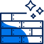 Stylized blue icon of a brick wall with sparkling effects, representing Header or a clean, solid structure.