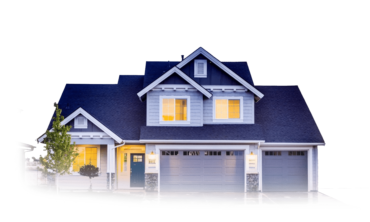 Suburban house with gray siding, a dark roof, and a three-car garage. Warm light shines from the windows, showcasing a well-maintained home ready for house painting.