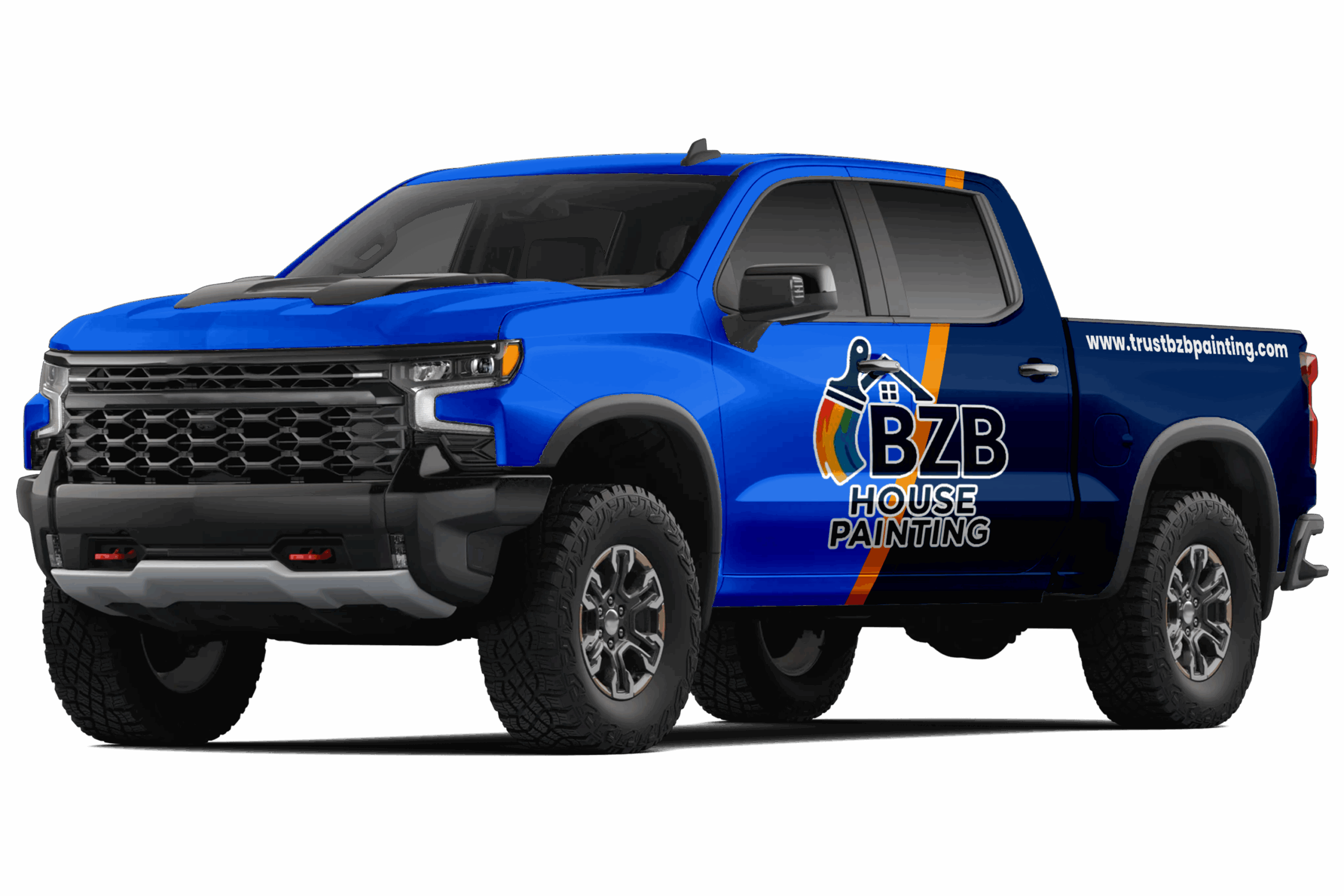 Blue Chevy Silverado truck with "BZB House Painting" logo and a painter icon on the side. The truck also features the website address "www.trustbzbpainting.com" on the tailgate, advertising house painting services.